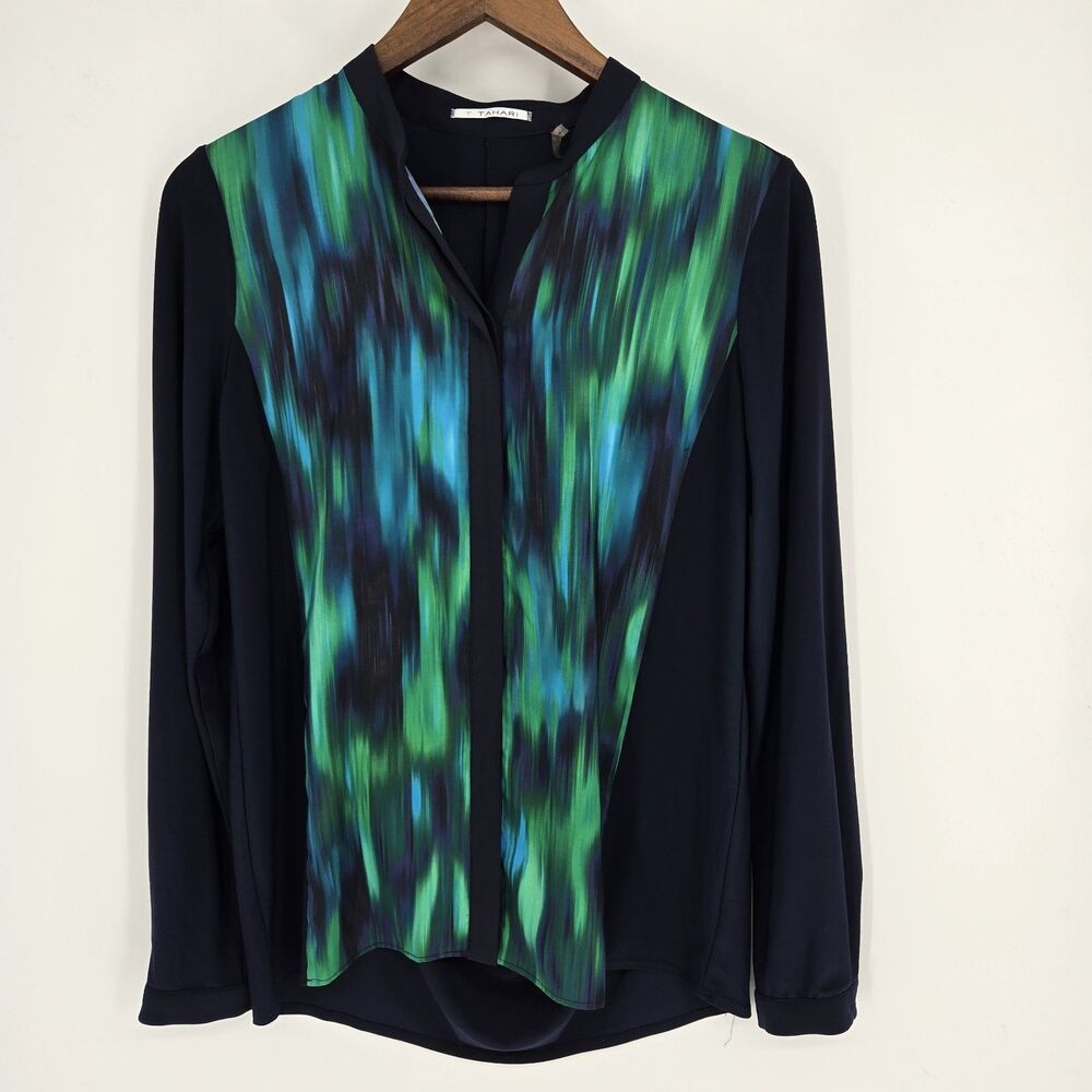 Tahari Blue Abstract Blouse Small LonG Sleeve Work Wear